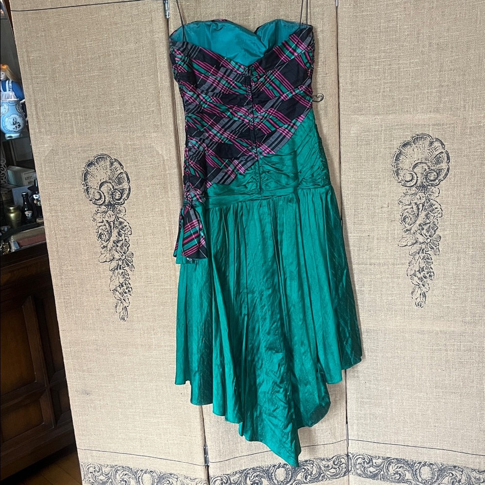 80s Strapless Plaid Pink and Green Dress - Picture 6 of 14